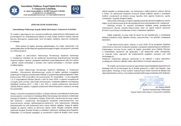 Oświadczenie Dyrektora SPZOZ, mówiące o zgodnym z przepisami wyłączeniem jednego z wejść do Kaplicy Szpitalnej, które prowadziło przez pomieszczenia Oddziału.