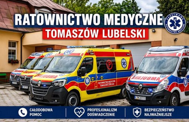 Zdjęcie przedstawiające karetki i napis Ratownictwo Medyczne Tomaszów Lubelski